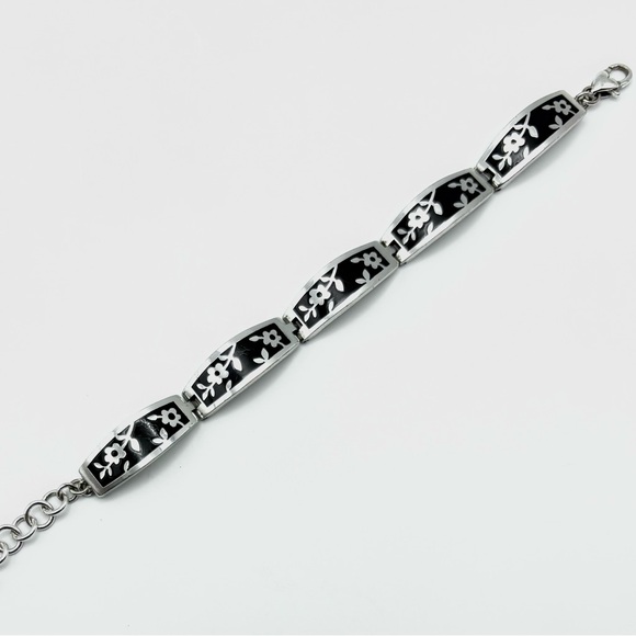 Brighton Black & Silver Tone Floral Block Link Adjustable Bracelet - Picture 2 of 6